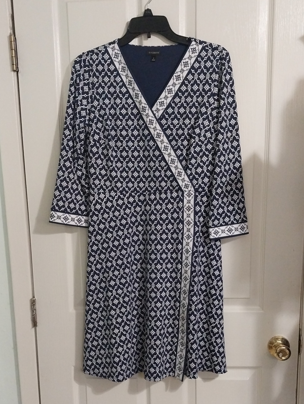 Talbots S Navy Blue & White Nylon Dress Faux Wrap with Black Label